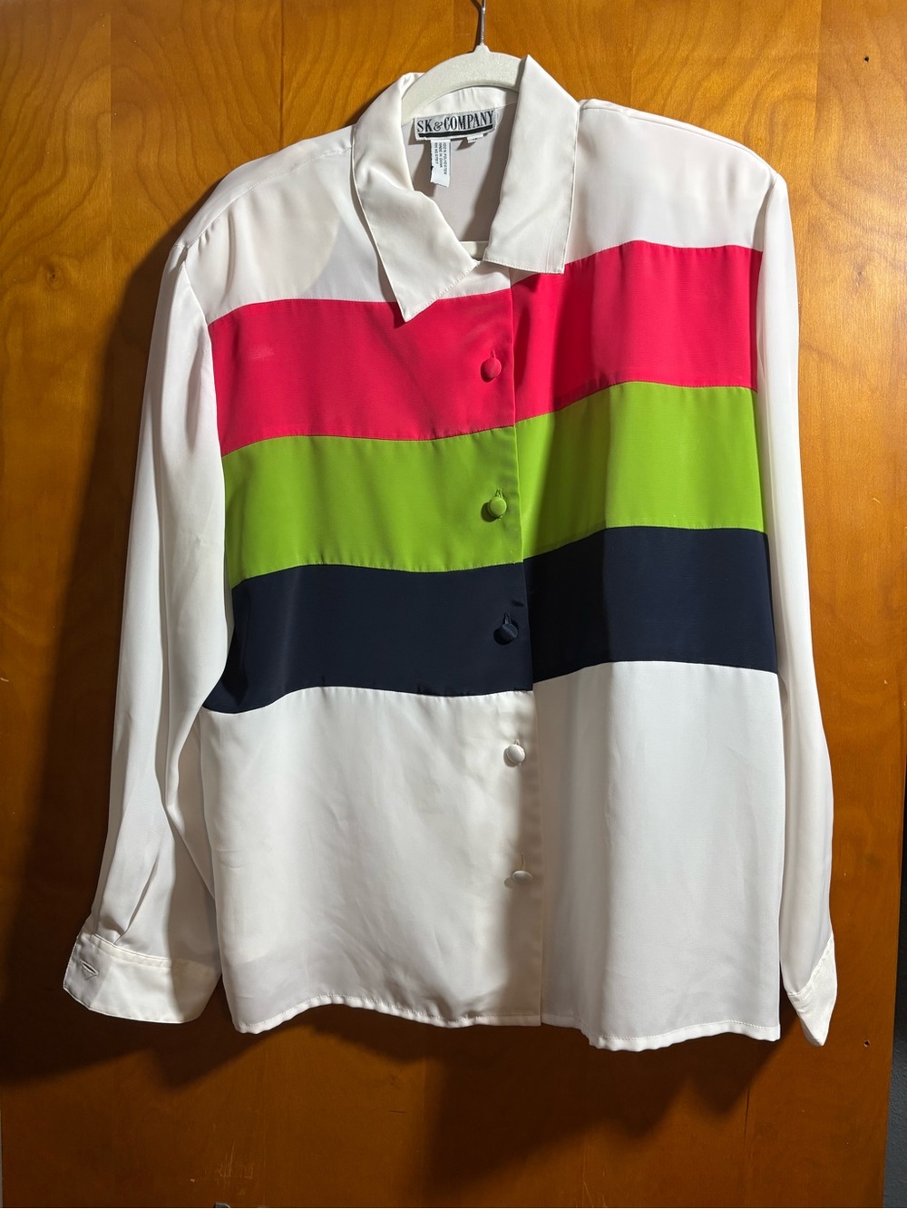 Vintage White Button-Front Blouse with Pink, Lime and Navy Colorblock, size 16